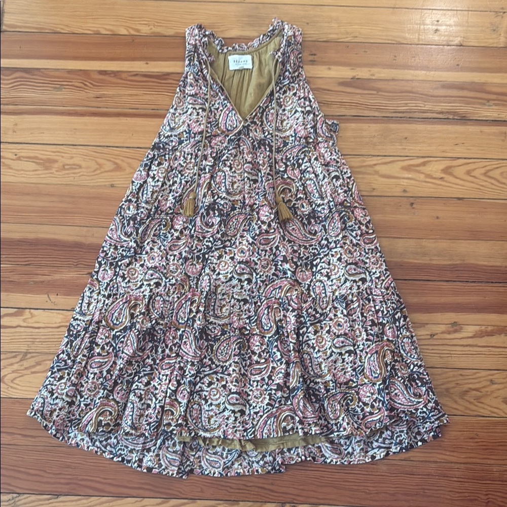 Sézane Paisley Mini Dress in Pink, Tan, Black
